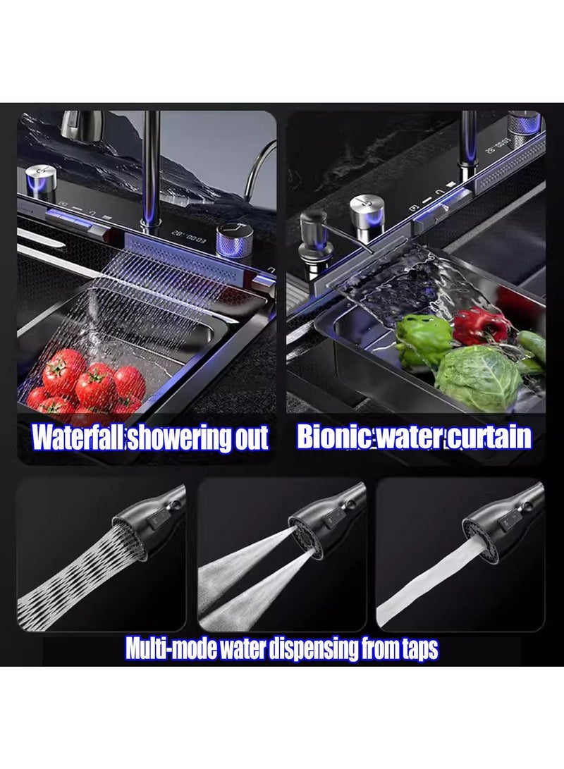 Monda 11-Piece Kitchen Honeycomb Sink Drop-In Single Bowl Stainless Steel Sink Waterfall Smart Sink with Pull-Out Faucet and Various Accessories (75x46cm) - Image 3
