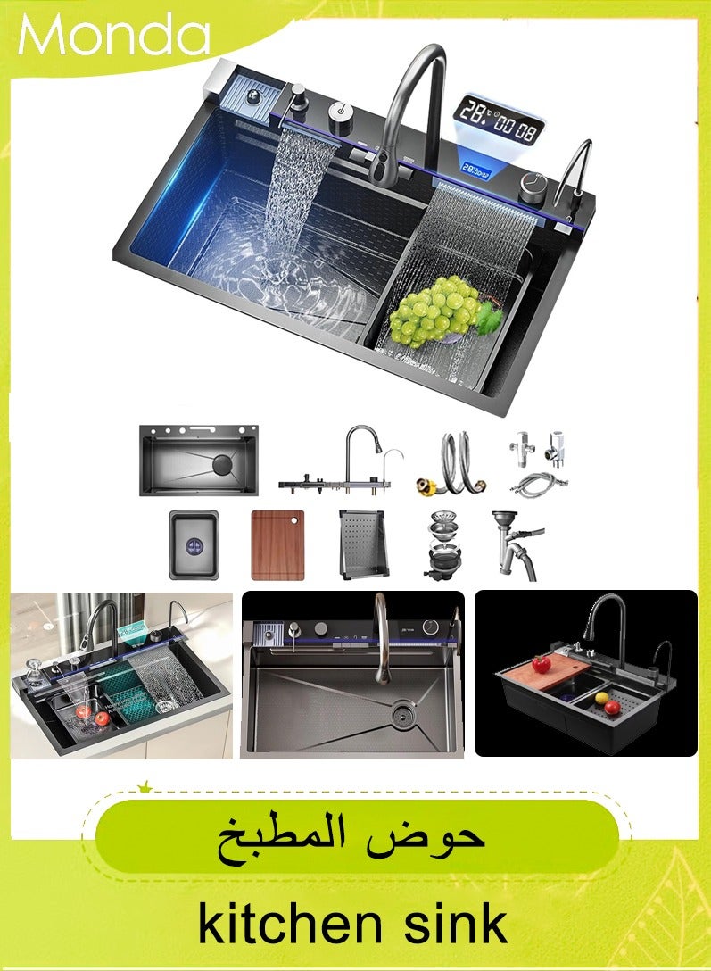 Monda 11-Piece Kitchen Honeycomb Sink Drop-In Single Bowl Stainless Steel Sink Waterfall Smart Sink with Pull-Out Faucet and Various Accessories (75x46cm) - Image 1