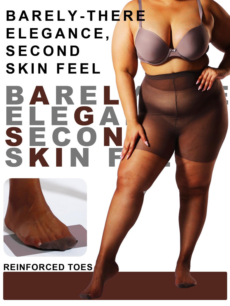 HONENNA 2 Pairs Plus Size Sheer Tights for Women, 17 Colors Ultra Thin Pantyhose Reinforced Toes High Waist Stockings, Coffee 2 Pairs 1XL-2XL - Image 3