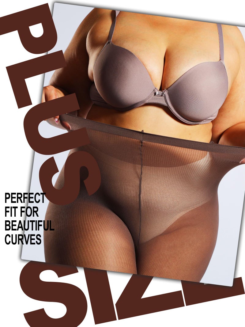 HONENNA 2 Pairs Plus Size Sheer Tights for Women, 17 Colors Ultra Thin Pantyhose Reinforced Toes High Waist Stockings, Coffee 2 Pairs 1XL-2XL - Image 2