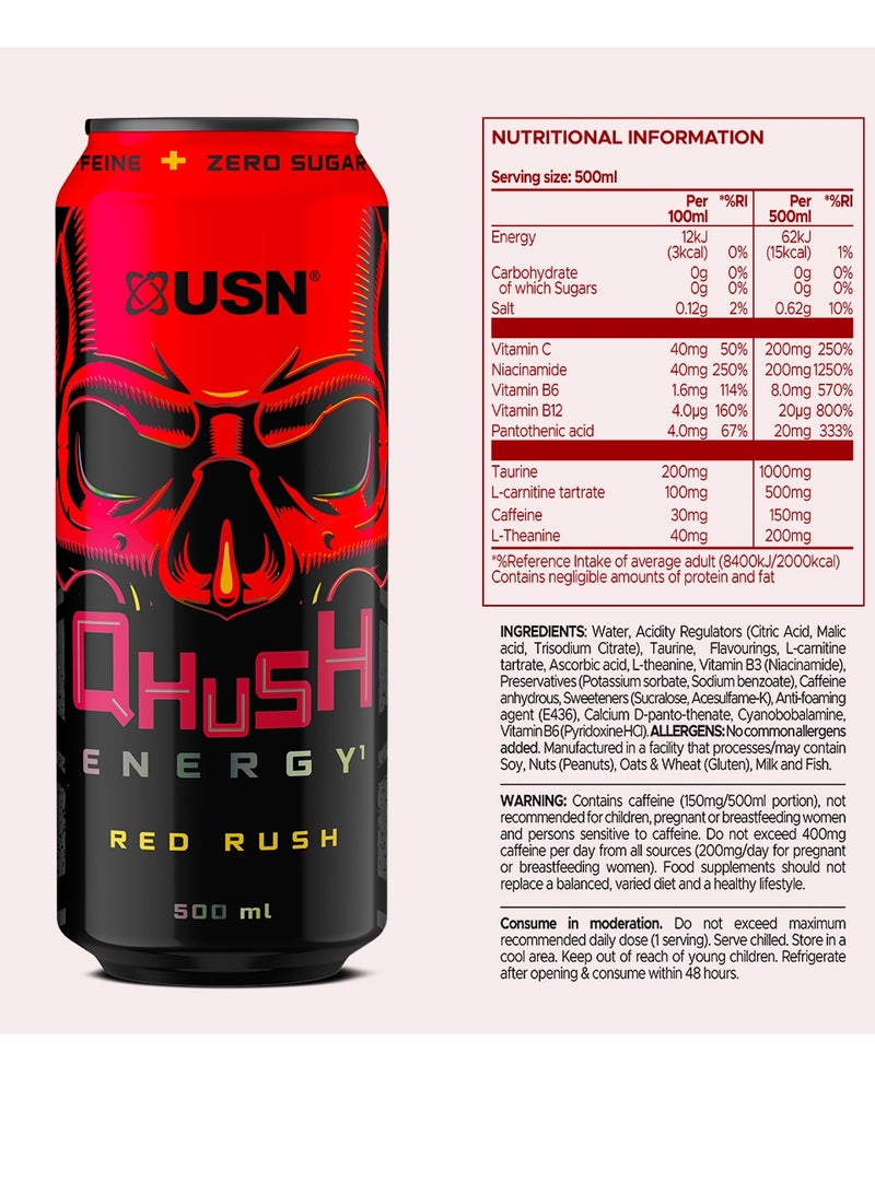 USN Qhush Energy Red Rush Zero Sugar 500ML - Image 4