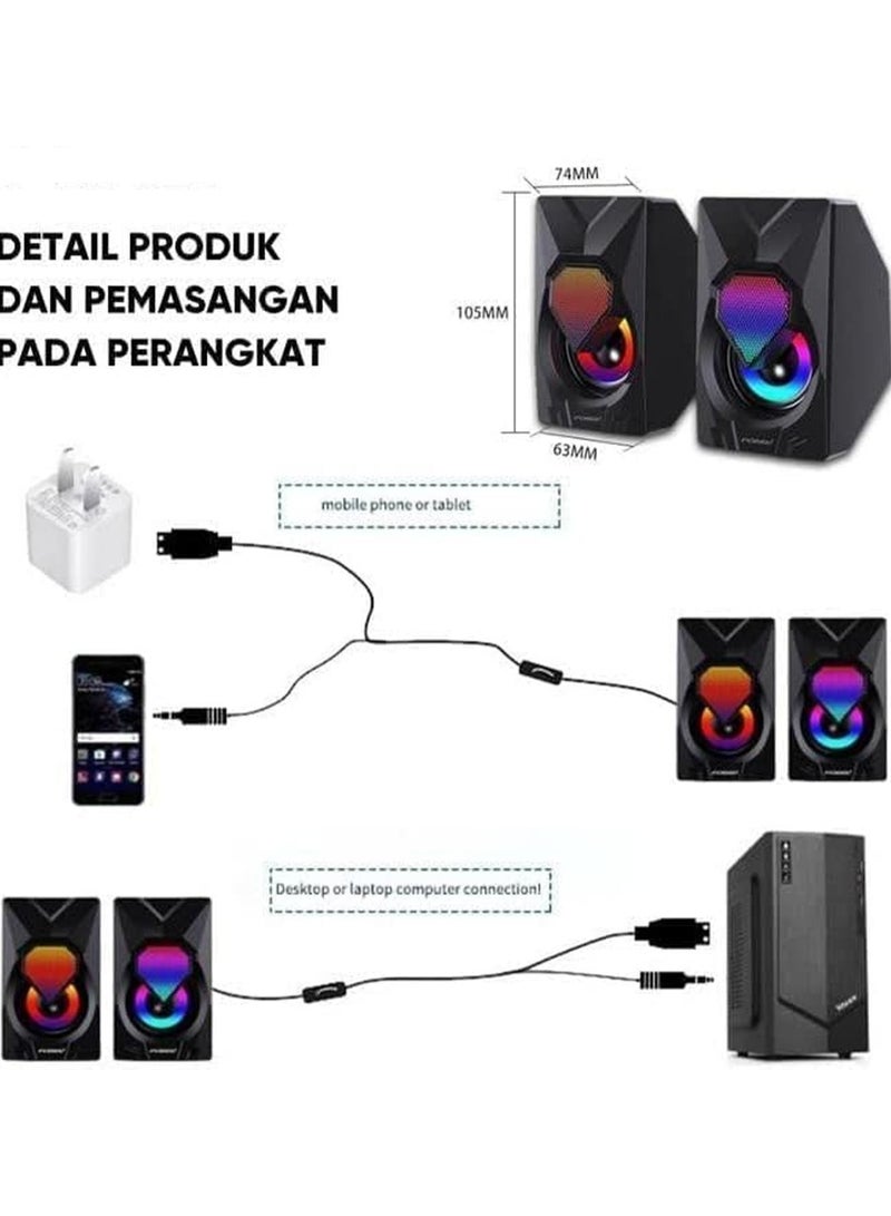 مكبرات صوت ألعاب الكمبيوتر - 3 وات * 2 مصابيح RGB سلكية ستيريو صغيرة - مقبس 3.5 مم + 2.0 USB بالطاقة للألعاب / الأفلام / الموسيقى / الكمبيوتر الشخصي / الكمبيوتر المحمول - Image 5