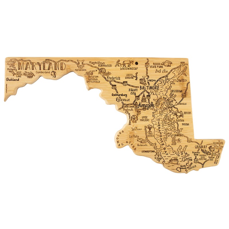 Totally Bamboo Destination Maryland State Shaped Serving and Cutting Board Includes Hang Tie for Wall Display