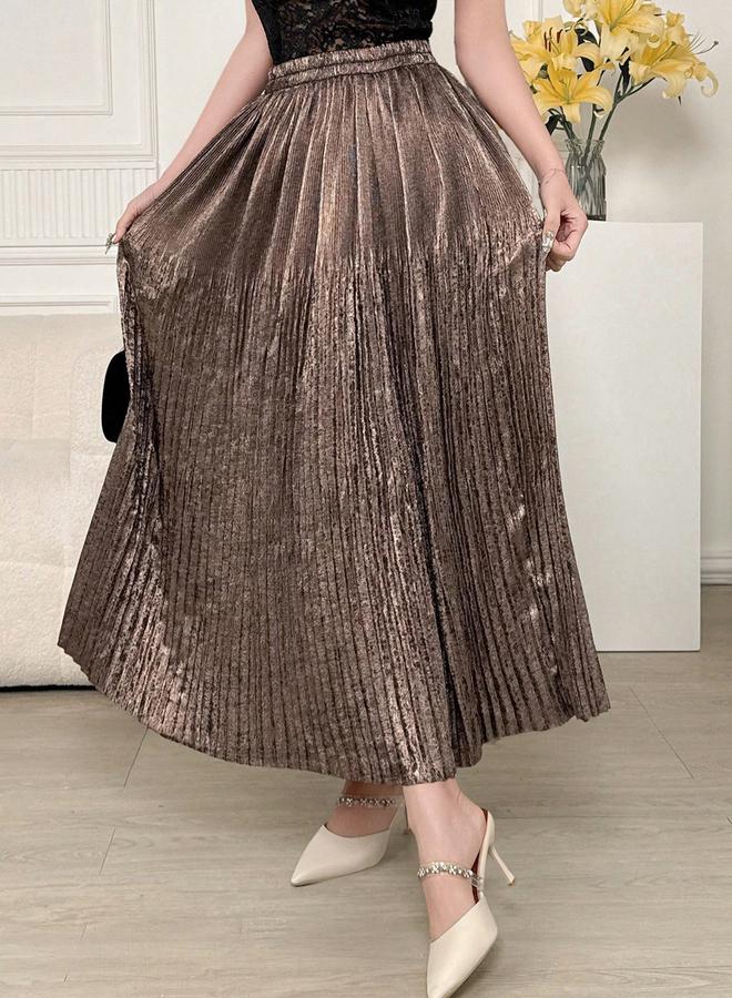 Take Two Solid Elastic Waist Pleated Detail A-Line Maxi Skirt - Image 4
