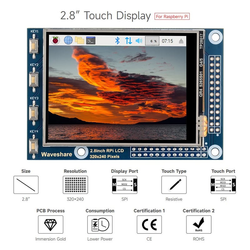 Waveshare 2.8inch Resistive Touch Screen TFT LCD, Compatible with Raspberry Pi 5/4B/3B/Zero/Zero W/Zero 2W/Pico/Pico W/Pico WH, 320x240 Resolution - Image 3