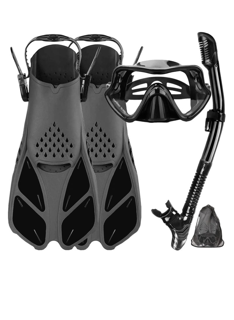 تراسل طقم قناع زعانف غطس للكبار رجال نساء، نظارات سباحة بانورامية مضادة للضباب ومضادة للتسرب من الأعلى، طقم زعانف غطس جاف وزعانف غوص مع حقيبة معدات للغطس والسباحة والغوص - Image 1