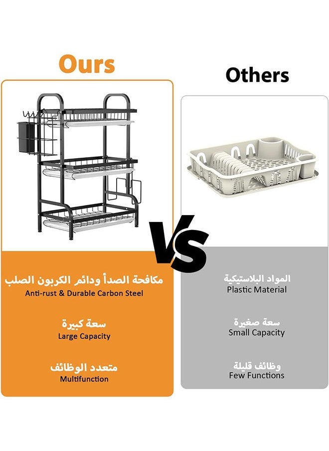 Dish Drying Rack,3 Tier Dish Rack Rust-Resistant Dish Drainer Rack with Removable Drainboard & Cutting Board Holder Large Capacity Dish Drying Stand for Kitchen Counter Organizer Storage
