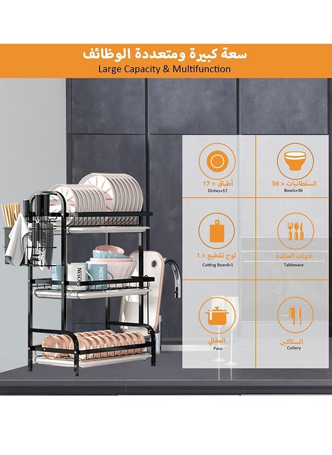 Dish Drying Rack,3 Tier Dish Rack Rust-Resistant Dish Drainer Rack with Removable Drainboard & Cutting Board Holder Large Capacity Dish Drying Stand for Kitchen Counter Organizer Storage