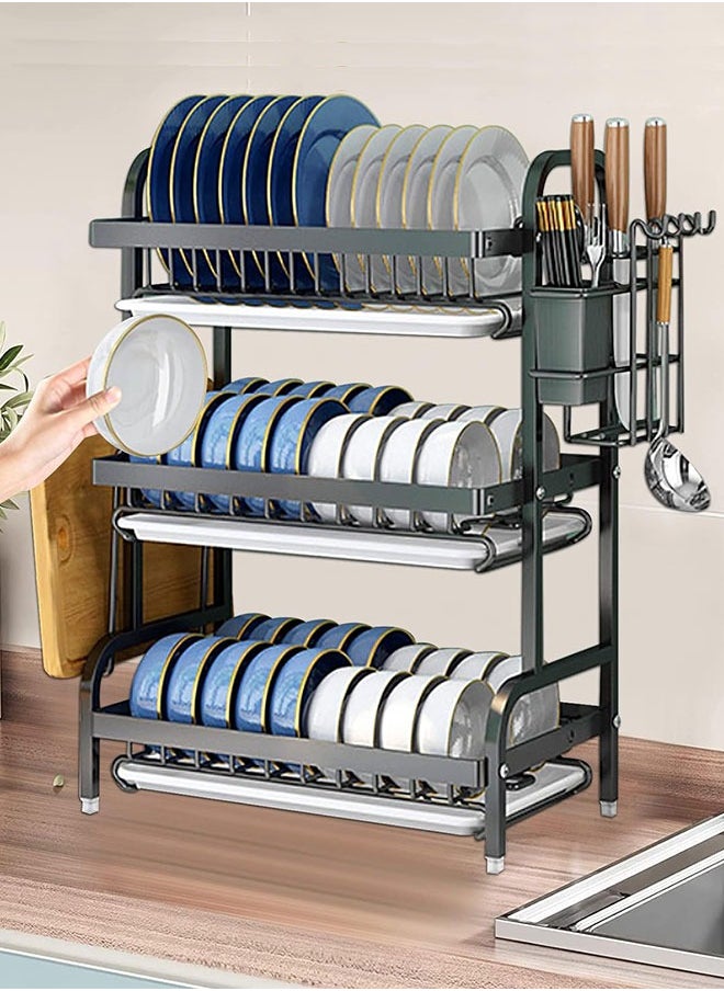 Dish Drying Rack,3 Tier Dish Rack Rust-Resistant Dish Drainer Rack with Removable Drainboard & Cutting Board Holder Large Capacity Dish Drying Stand for Kitchen Counter Organizer Storage