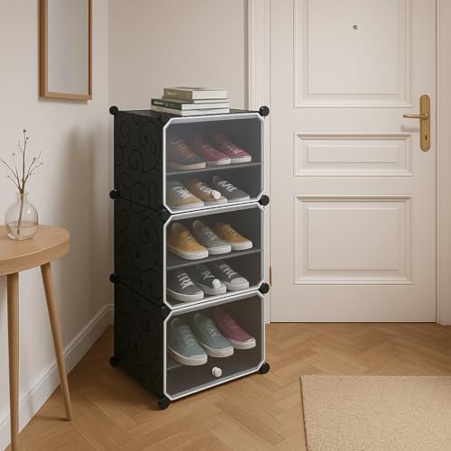 BRIGATTES 6 Shelf DIY Shoe Rack Plastic - Multi-Purpose Home Plastic Shelves, PP Home Shoe Rack with Door for Entryway, Chappal Slipper Shoe Stand (Black, 3-DOOR-6-SHELF) - Image 1