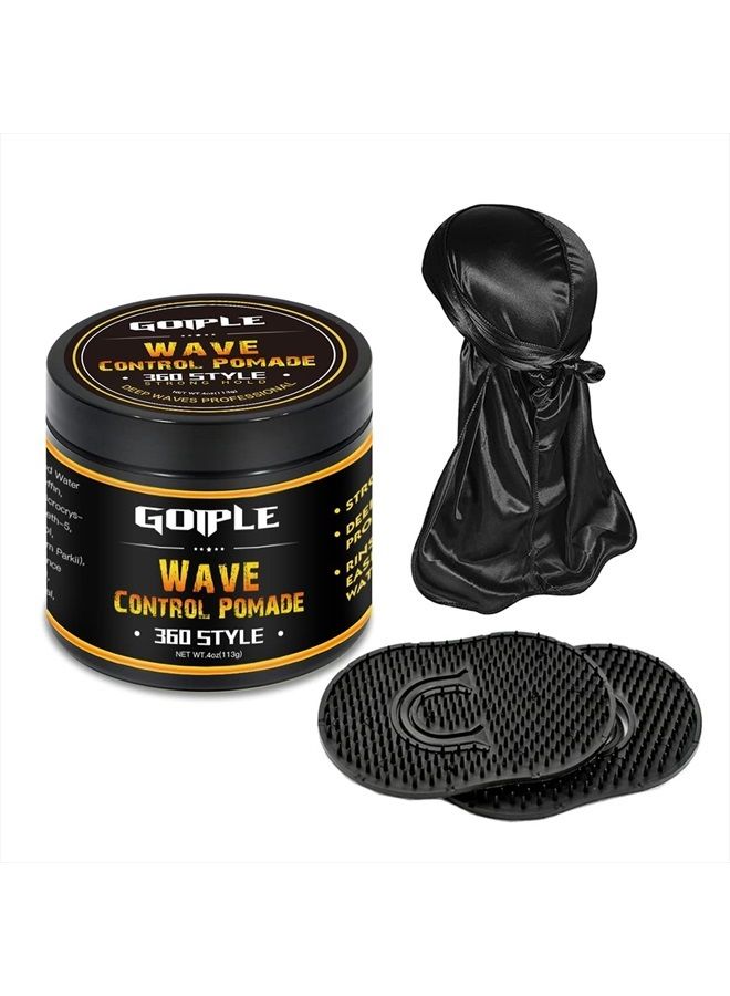 Goiple Natural Wave Pomade for Men Strong Hold, Easy Wash 360 Wave Training Hair Cream, Waves Grease for Men Promotes Layered Waves, Moisture, Control and Silky Shine (Wave Pomade+Wave Brushes*2+ Silky Durag - Image 1