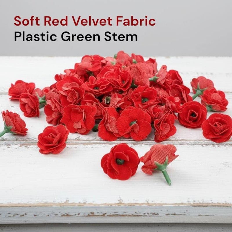 RIANZ® Pack of 50 Small Artificial Red Rose Flowers for Decoration – Velvet Fabric, Plastic Stem, for Home, Festival, Wedding, Christmas, Pooja Room, DIY Craft (Red - 50pcs) - Image 2