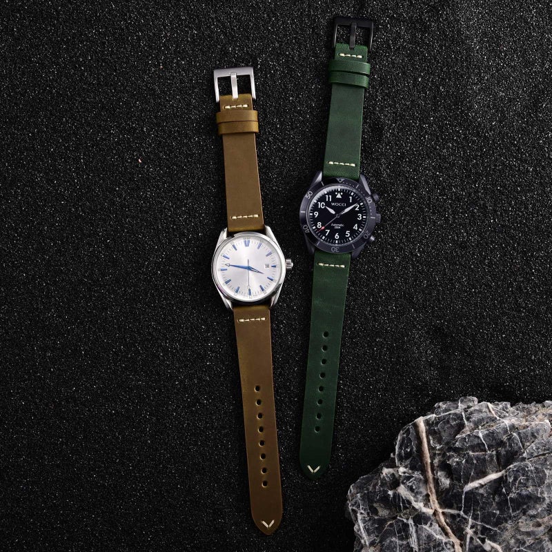 WOCCI 20mm Old-fashioned Watch Band for Men, Top Grain Leather, Black Matte Buckle (Dark Tan) - Image 2