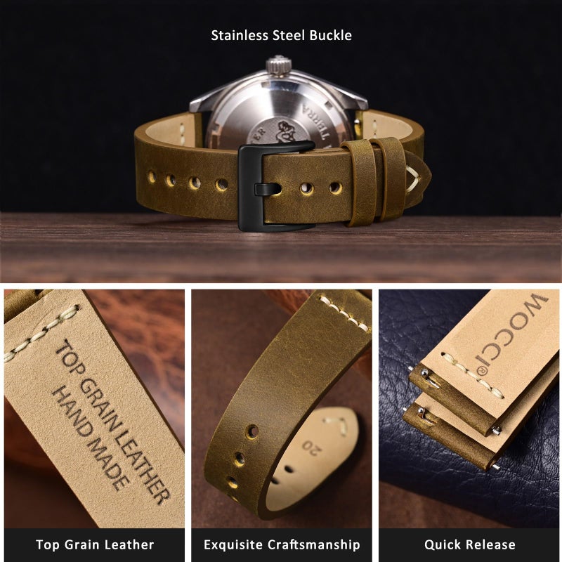 WOCCI 20mm Old-fashioned Watch Band for Men, Top Grain Leather, Black Matte Buckle (Dark Tan) - Image 3