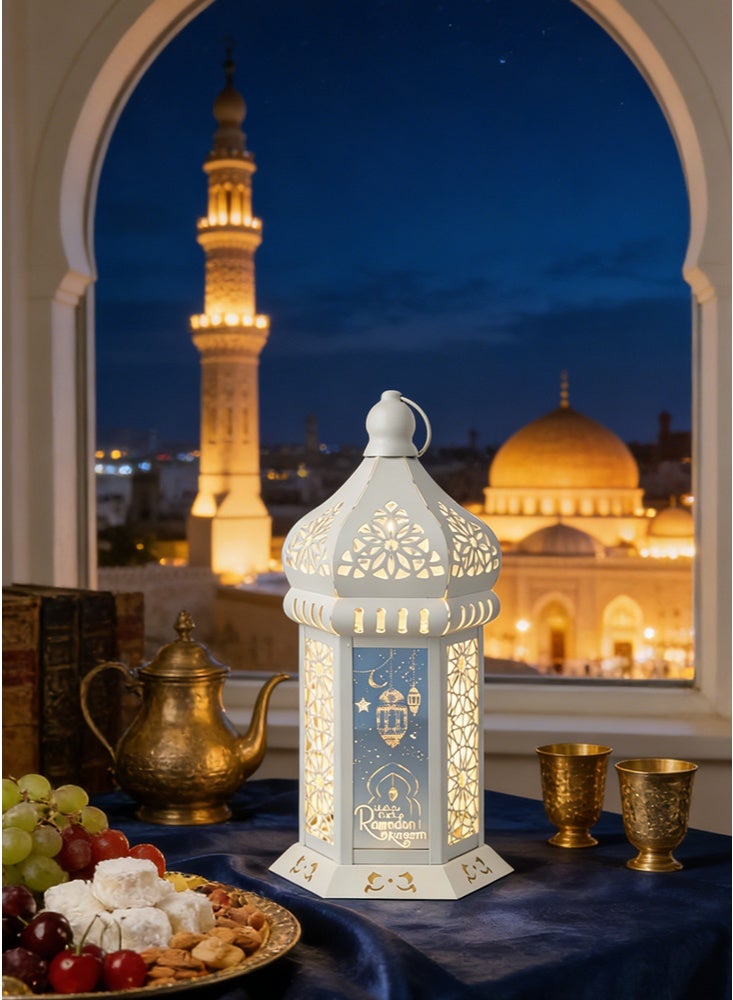 جيجيرو زينة فوانيس رمضان، تصميم إسلامي متقن على شكل هلال ونجمة، مصباح زينة يعمل بالبطارية لعيد مبارك، مثالي لتزيين المنزل والحفلات والطاولات والنوافذ في رمضان، أبيض - Image 2