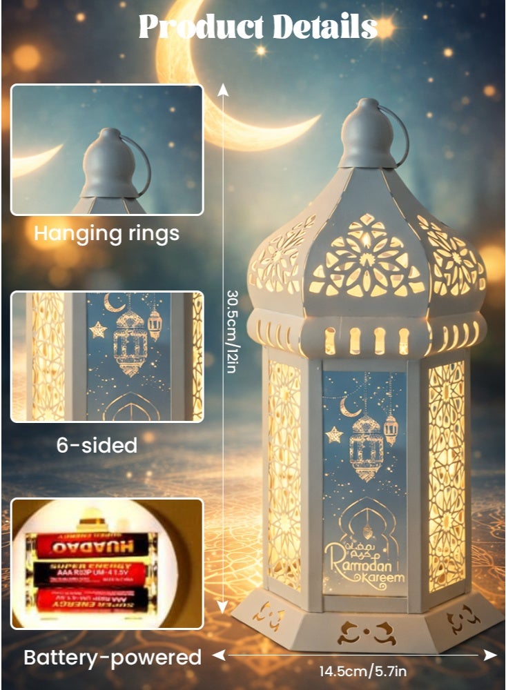 جيجيرو زينة فوانيس رمضان، تصميم إسلامي متقن على شكل هلال ونجمة، مصباح زينة يعمل بالبطارية لعيد مبارك، مثالي لتزيين المنزل والحفلات والطاولات والنوافذ في رمضان، أبيض - Image 3
