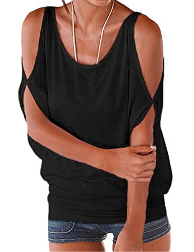 Miselon Womens Cold Shoulder Tops Summer Short Sleeve Loose Fit Casual Tshirt Blouse Black,X-Large - Image 1