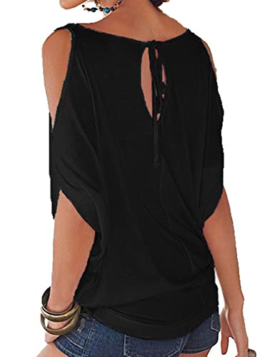 Miselon Womens Cold Shoulder Tops Summer Short Sleeve Loose Fit Casual Tshirt Blouse Black,X-Large - Image 2