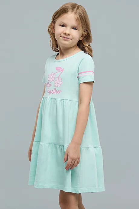أر أند بي Printed Tiered Dress with Crew Neck and Short Sleeves