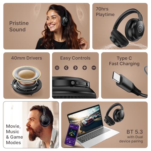 pTron Studio Evo 70hrs Playtime Wireless Over Ear Headphones with HD Mic, Low-Latency Game/Movie/Music Modes, Punchy Bass, BT5.3, Dual Device Pairing, Voice Assistant & Type-C Fast Charging (Black) - Image 2