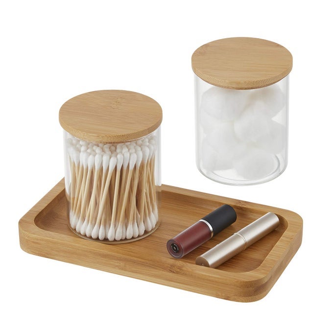 QTIP HOLDER WITH VANITY TRAY GLASS APOTHECARY JARS WITH LIDS FOR BATHROOM COTTON BALL SWAB PAD ROUNDS HOLDER CANISTER JARS FOR RESTROOM DECORATIONS AND ORGANIZER