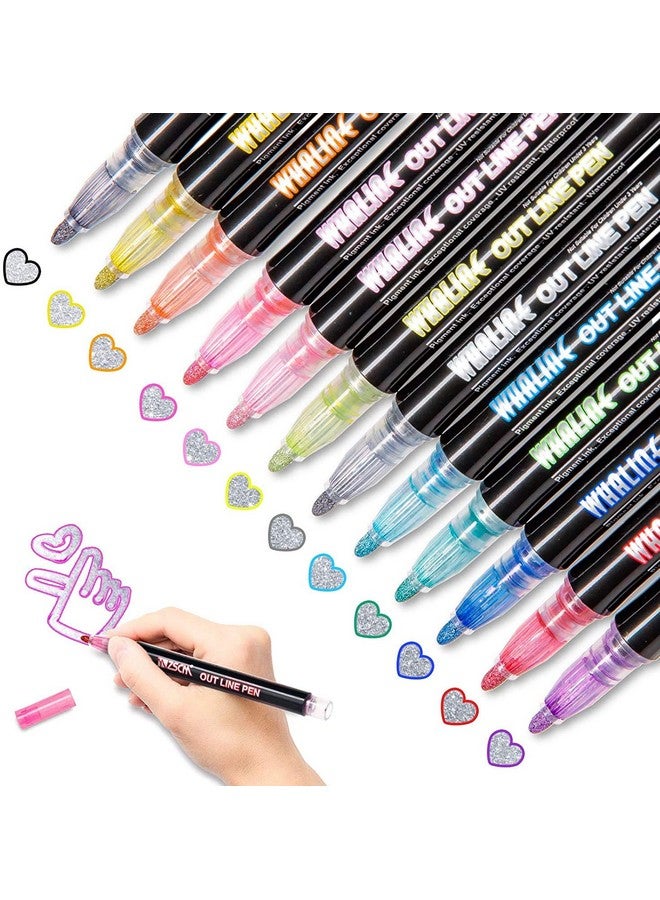 Whaline Double Line Chisel Point Outline Pens, 12 Colors Self-Outline Drawing Metallic Markers, Stationery for Gift Card Writing, Birthday Greeting, Scrap Booking - Image 1