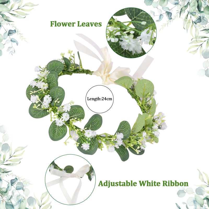 Yiphates زينة حفل استقبال المولود ييفاتيس 4 قطع/طقم شريط حفل استقبال المولود باللون الأخضر المريمي شريط للأم المستقبلية شارة للأب المستقبل طقم تاج زهور بأوراق الكينا مع دبوس لؤلؤة كهدية للأمومة - Image 4