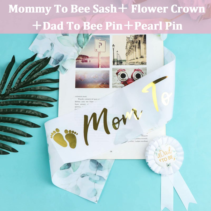 Yiphates زينة حفل استقبال المولود ييفاتيس 4 قطع/طقم شريط حفل استقبال المولود باللون الأخضر المريمي شريط للأم المستقبلية شارة للأب المستقبل طقم تاج زهور بأوراق الكينا مع دبوس لؤلؤة كهدية للأمومة - Image 3