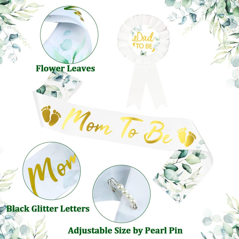 Yiphates زينة حفل استقبال المولود ييفاتيس 4 قطع/طقم شريط حفل استقبال المولود باللون الأخضر المريمي شريط للأم المستقبلية شارة للأب المستقبل طقم تاج زهور بأوراق الكينا مع دبوس لؤلؤة كهدية للأمومة - Image 5