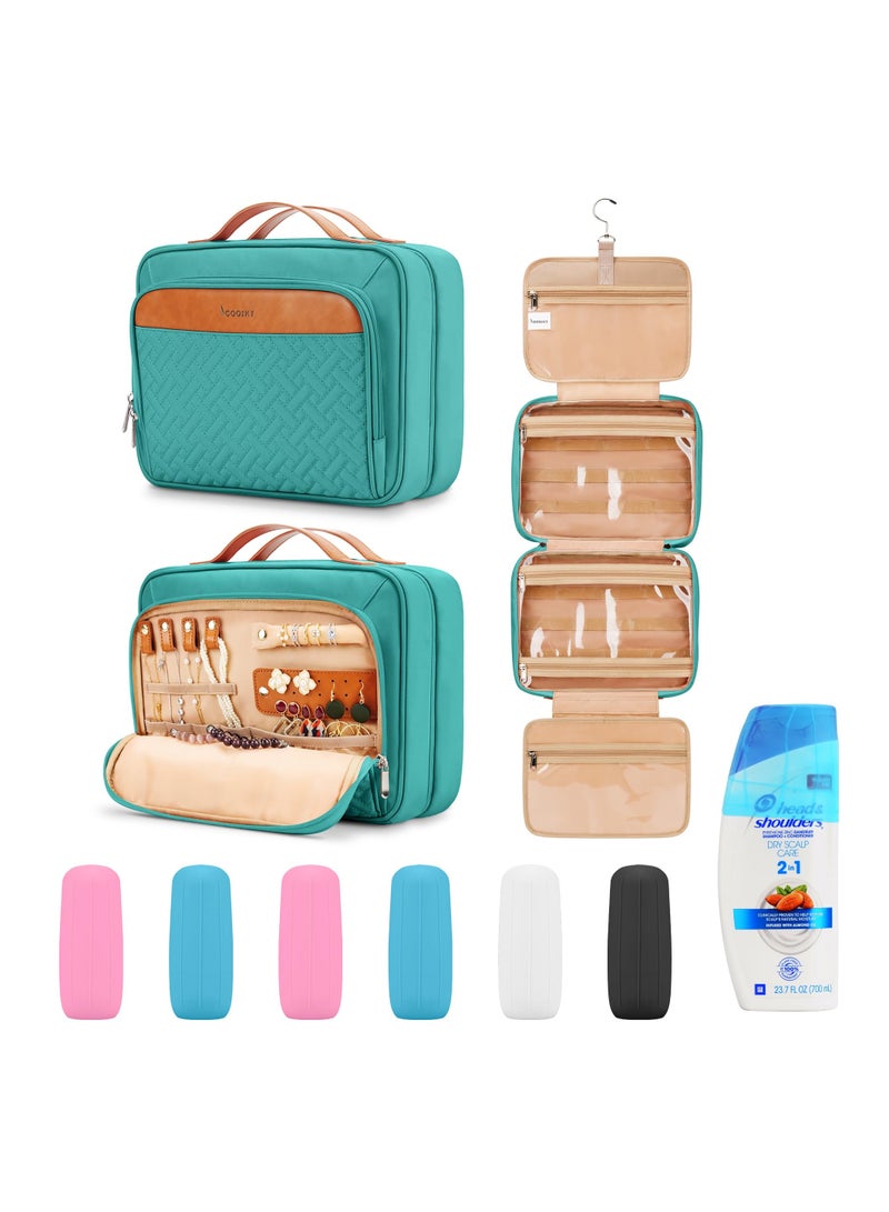 KASTWAVE Travel Hanging Toiletry Bag for Women, Holds Full-Size Shampoo, with Jewelry Organizer Compartment, Extra Large Waterproof Cosmetic Makeup, Toiletries Kit Set with Trolley Belt, Blue - Image 1