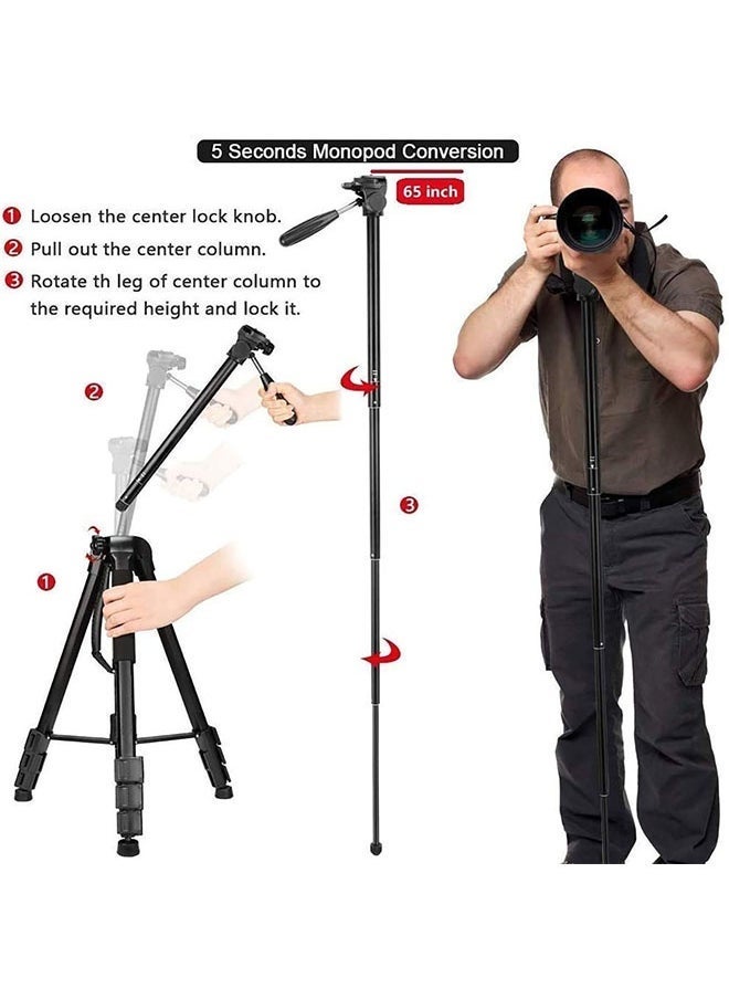 Jmary KP-2264 Professional Aluminium Tripod Monopod for DSLR Cameras – Heavy-Duty Adjustable Photography Stand with 3-Way Pan Head, Quick Release Plate & Carry Bag – Lightweight & Portable – Black - Image 3