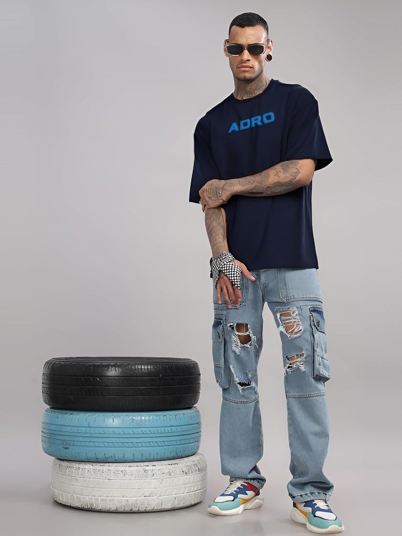 adro تي شيرت ADRO للرجال بتصميم إيجابي - أزرق داكن - Image 4