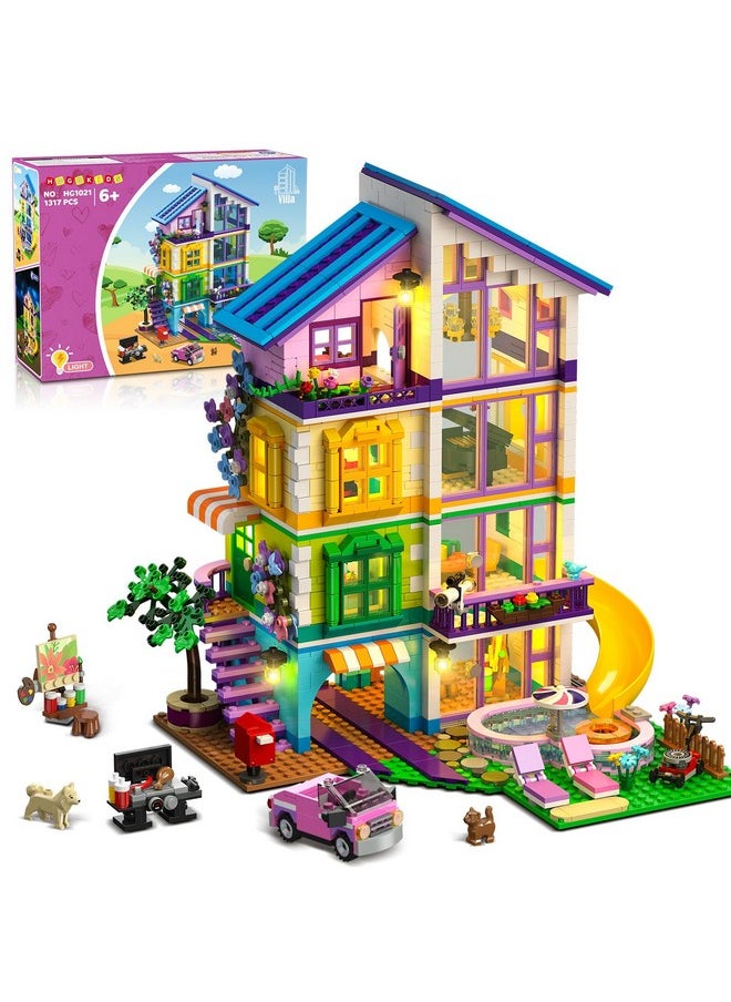 Hogokids HOGOKIDS Girls House Building Set with LED Light - 1317 PCS Friends Villa Block Toy with Car and Pool, Garden 4 Floor Building Kit for Role Play, Birthday Gift for Girls Boys Kids Ages 8-14+  - Image 1