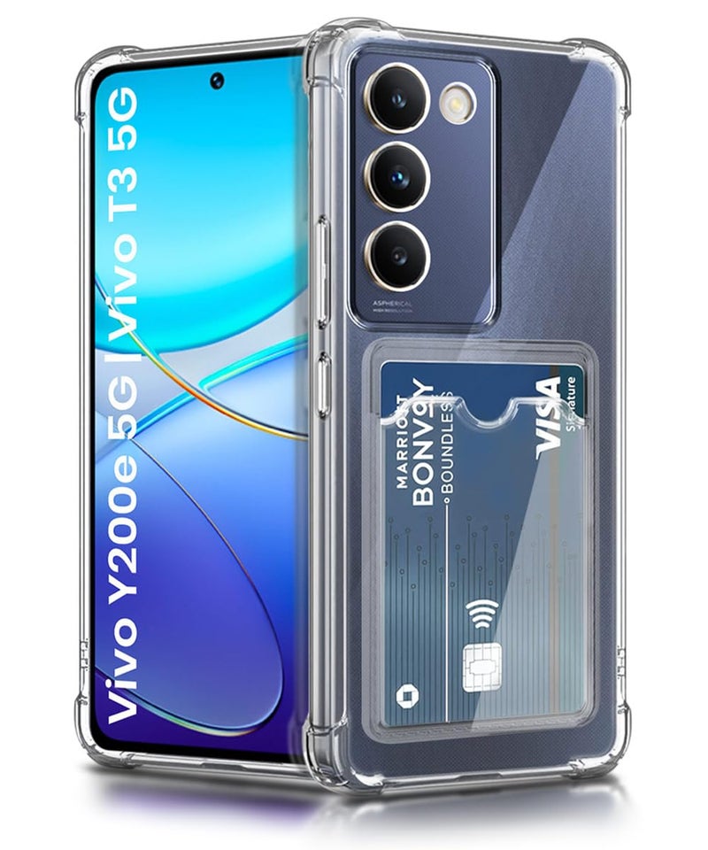 WOW IMAGINE Transparent Back Cover Case for Vivo Y200e 5G | Vivo T3 5G | Flexible Built-in Slim Card Pockets Wallet | 360° Camera Protection TPU | Soft Silicone Mobile Cover - Transparent - Image 1