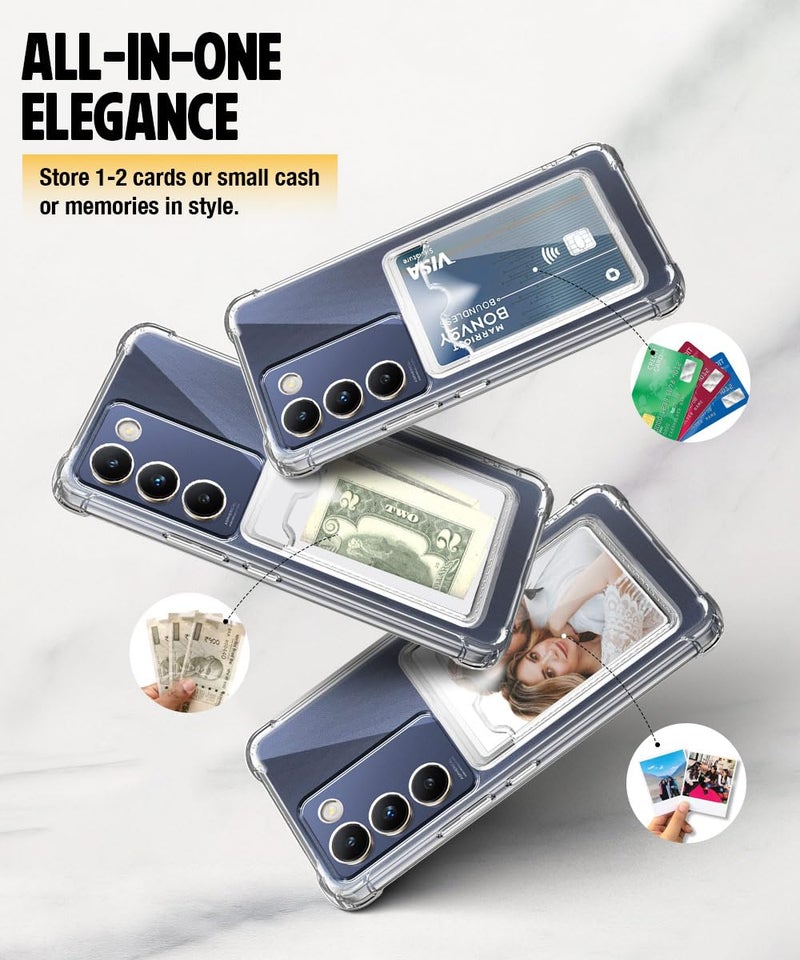 WOW IMAGINE Transparent Back Cover Case for Vivo Y200e 5G | Vivo T3 5G | Flexible Built-in Slim Card Pockets Wallet | 360° Camera Protection TPU | Soft Silicone Mobile Cover - Transparent - Image 4