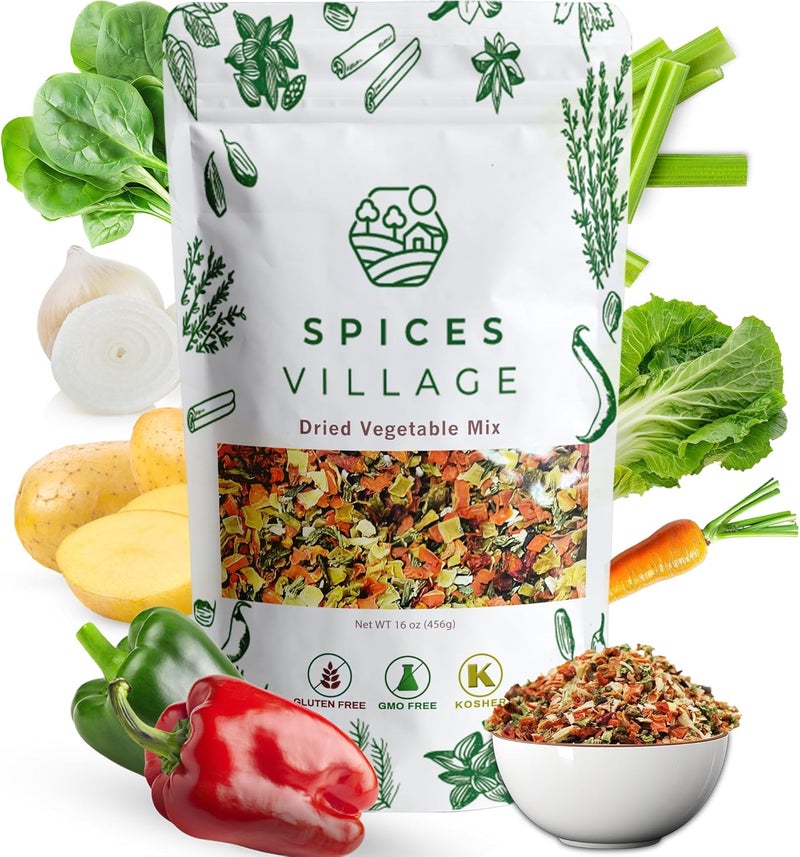 SPICES VILLAGE Dried Vegetable Mix - Dehydrated Ramen Toppings with Carrot, Onion, Bell Peppers, Celery, Cabbage & Spinach Flakes, 16 oz - Image 1
