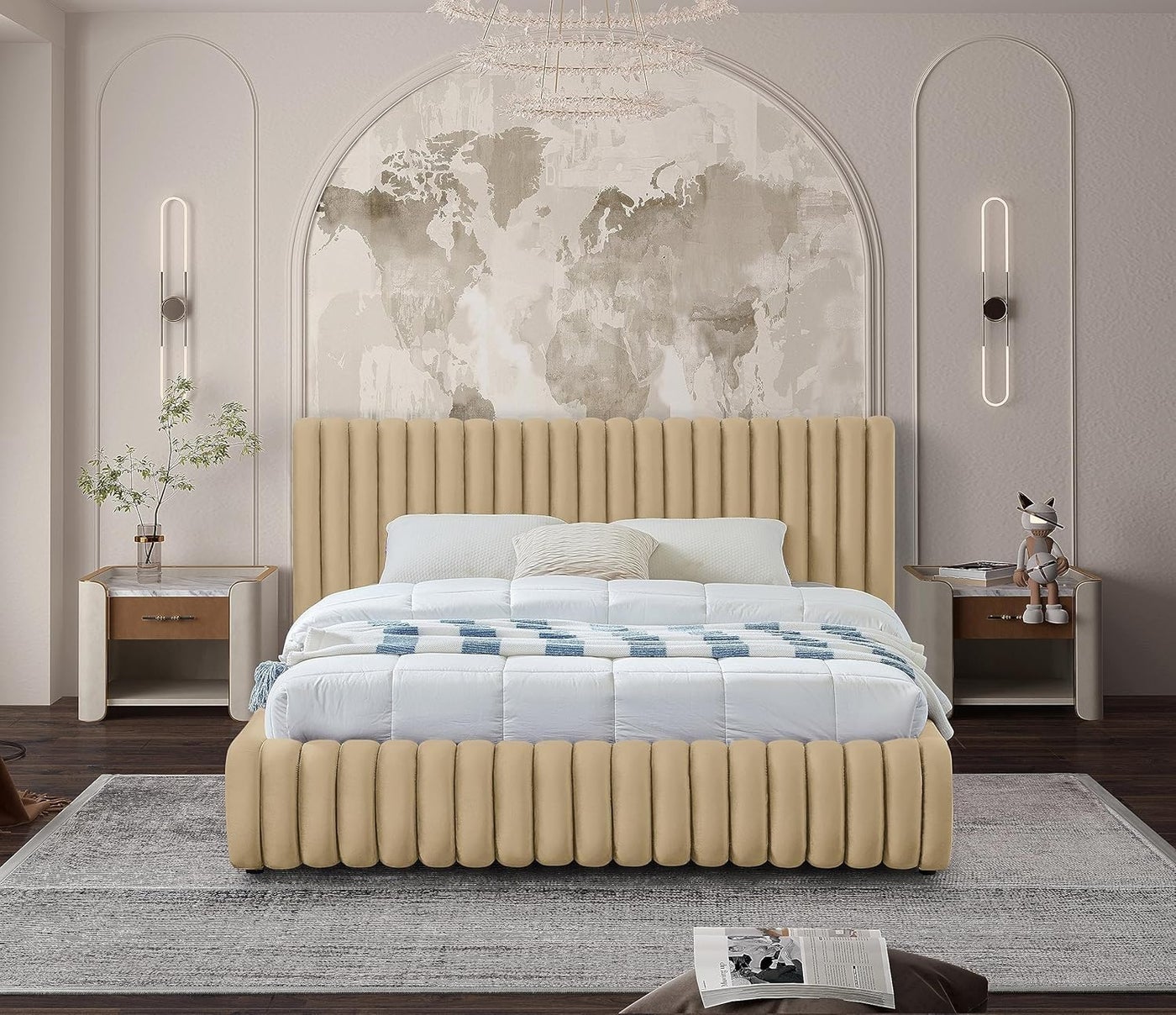 Poppins HOME Luxury Velvet Upholstered Bed Frame with Vertical Channel Headboard - Modern Designer Bed (Camel, 180x200cm)