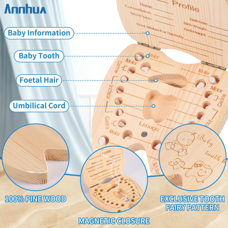 Annhua Tooth Fairy Box Umbilical Cord Keepsake Box for Boys, Wooden Baby Tooth Box Tooth Holders for Kids Keepsake - Storing 20 Shed Milk Teeth, Fetal Hair and Recording Baby Information - Image 2