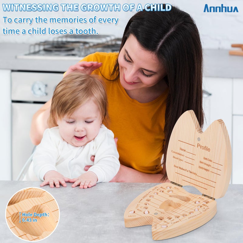 Annhua Tooth Fairy Box Umbilical Cord Keepsake Box for Boys, Wooden Baby Tooth Box Tooth Holders for Kids Keepsake - Storing 20 Shed Milk Teeth, Fetal Hair and Recording Baby Information - Image 3