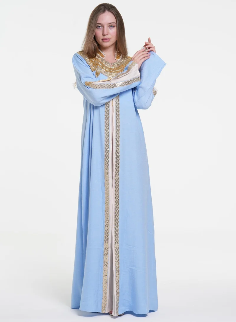 AL BENT AL SHARQIEH blue linen jalabiya arabian traditional dress for Women | Best Price UAE