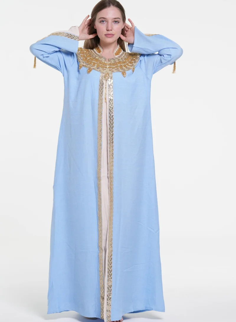 AL BENT AL SHARQIEH blue linen jalabiya arabian traditional dress for Women | Best Price UAE