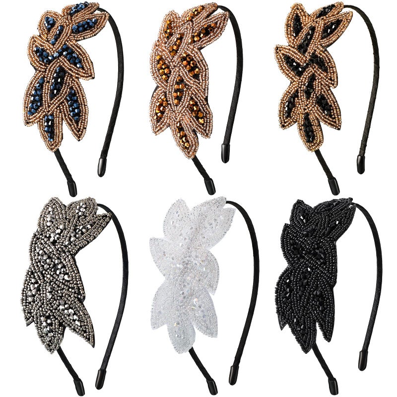 Jutom 6 Pieces Flapper Headband Floral Leaf Flapper Headpiece Rhinestone 1920s Headband Vintage Headpiece for Women Crystal Beaded Hairband Hair Accessory for Costume Party, 6 Styles - Image 1