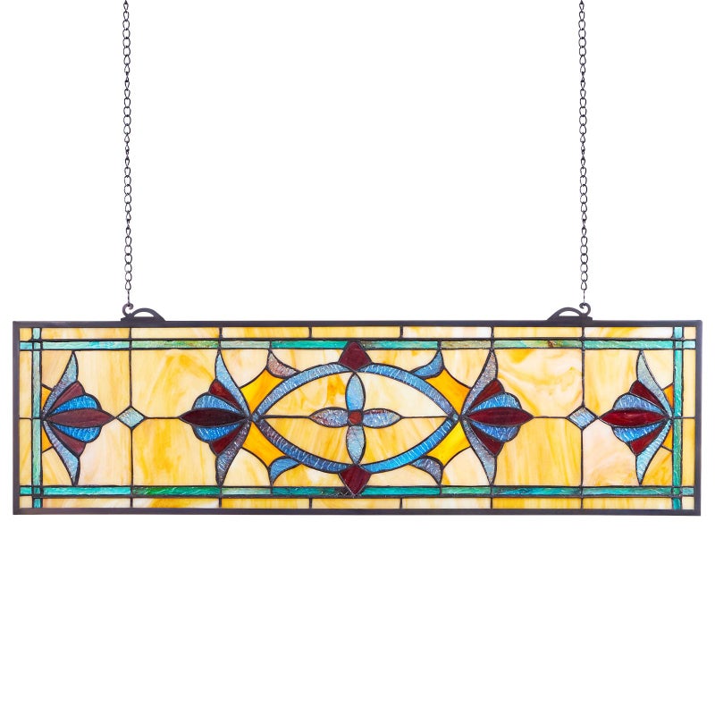 VEVOR Stained Glass Window Panel, 32 x 10 in, Tiffany Style Hanging Transom Window Panel with Chain, Large Horizontal Rectangle Stain Glass, Vintage Traditional Art Handcrafts for Kitchen Home Decor - Image 1
