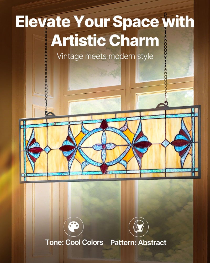 VEVOR Stained Glass Window Panel, 32 x 10 in, Tiffany Style Hanging Transom Window Panel with Chain, Large Horizontal Rectangle Stain Glass, Vintage Traditional Art Handcrafts for Kitchen Home Decor - Image 2