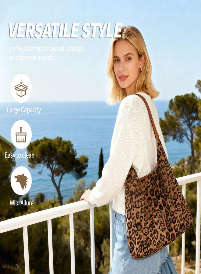HitTopss Leopard Hobo Bag for Women Suede Leather Cheetah Print Shoulder Tote Bag Large Vintage Satchel Handbag Work Bag for Everyday Use(Leopard-Brown) - Image 3
