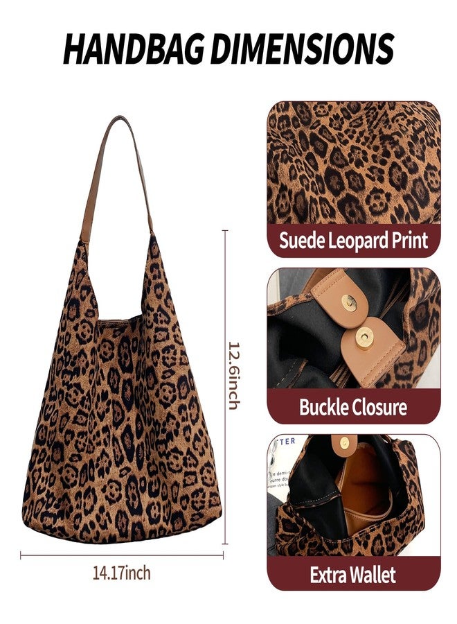 HitTopss Leopard Hobo Bag for Women Suede Leather Cheetah Print Shoulder Tote Bag Large Vintage Satchel Handbag Work Bag for Everyday Use(Leopard-Brown) - Image 5