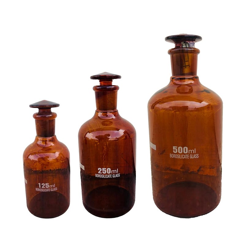 MANIKARN Borosilicate glass Amber Reagent Bottle with glass stopper 125ml 250ml 500ml Set of 3 Piece - Image 1