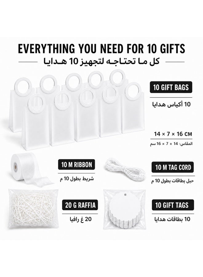 KeyAmor 10 Piece Transparent Matte Gift Bags Set with Round White Leather Handles Ribbon Tags Rope and Raffia Grass 14 x 7 x 16 cm - Image 2