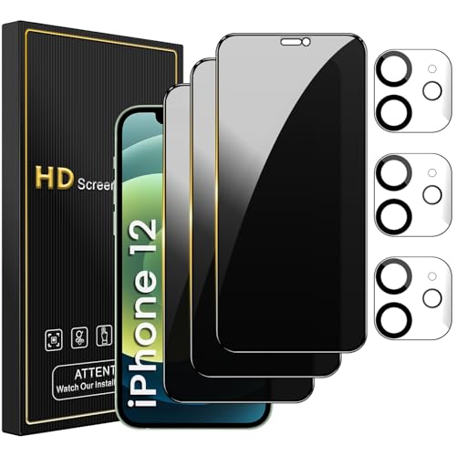Romkasi 3 Pack Privacy Screen Protector for iPhone 12 61 Inch with 3 Pack Camera Lens Protector Anti Spy Tempered Glass Film AntiScratch Touch Sensitive Case Friendly - Image 1