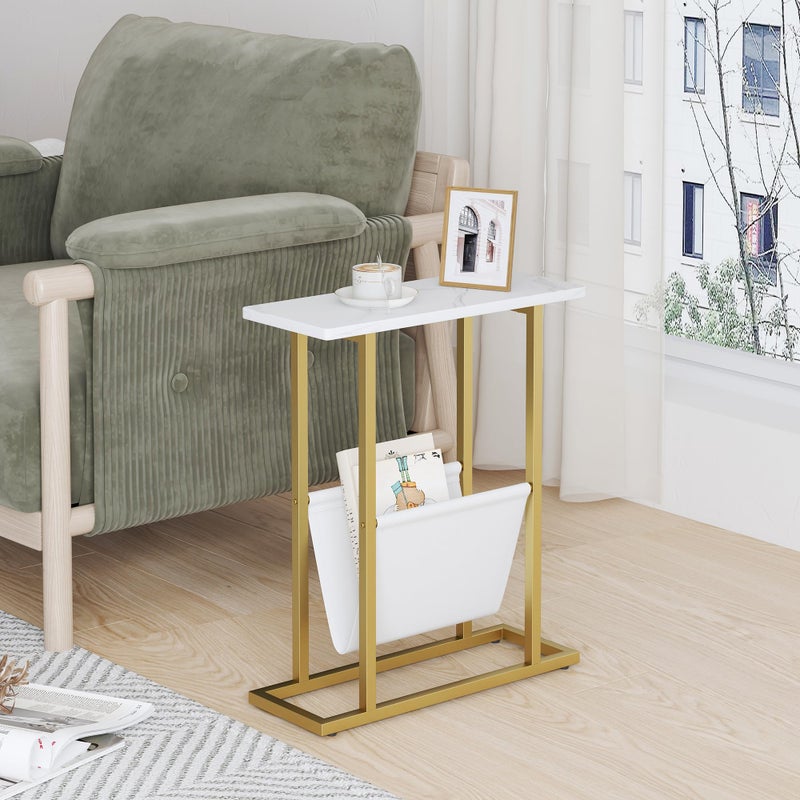 Yusong Small Narrow Side Table for Small Spaces, 17.7" W Slim End Table Magazine Table Nighstand with Storage Holder, Accent Skinny Snack Couch Bedside Table, Gold White, Complete Iron Pipes - Image 3